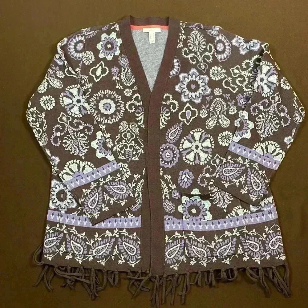 Isaac Mizrahi Live Jacquard open front cardigan with fringe and 2 pockets medium